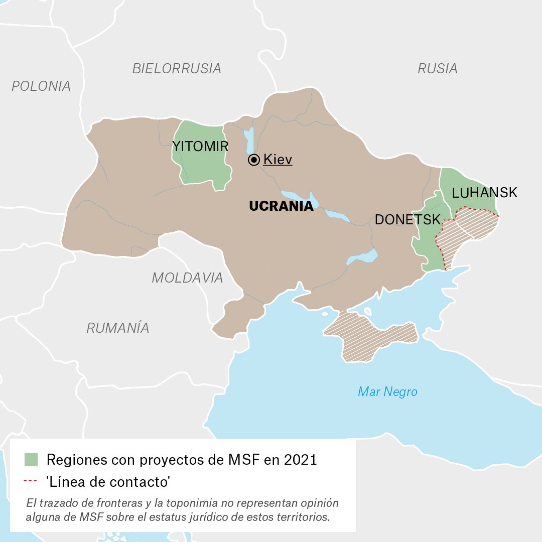 Mapa de actividades de Médicos Sin Fronteras en Ucrania durante 2021