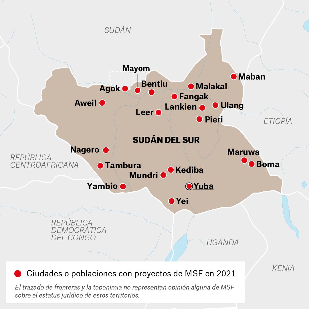 Mapa de actividades de Médicos Sin Fronteras en Sudán del Sur durante 2021