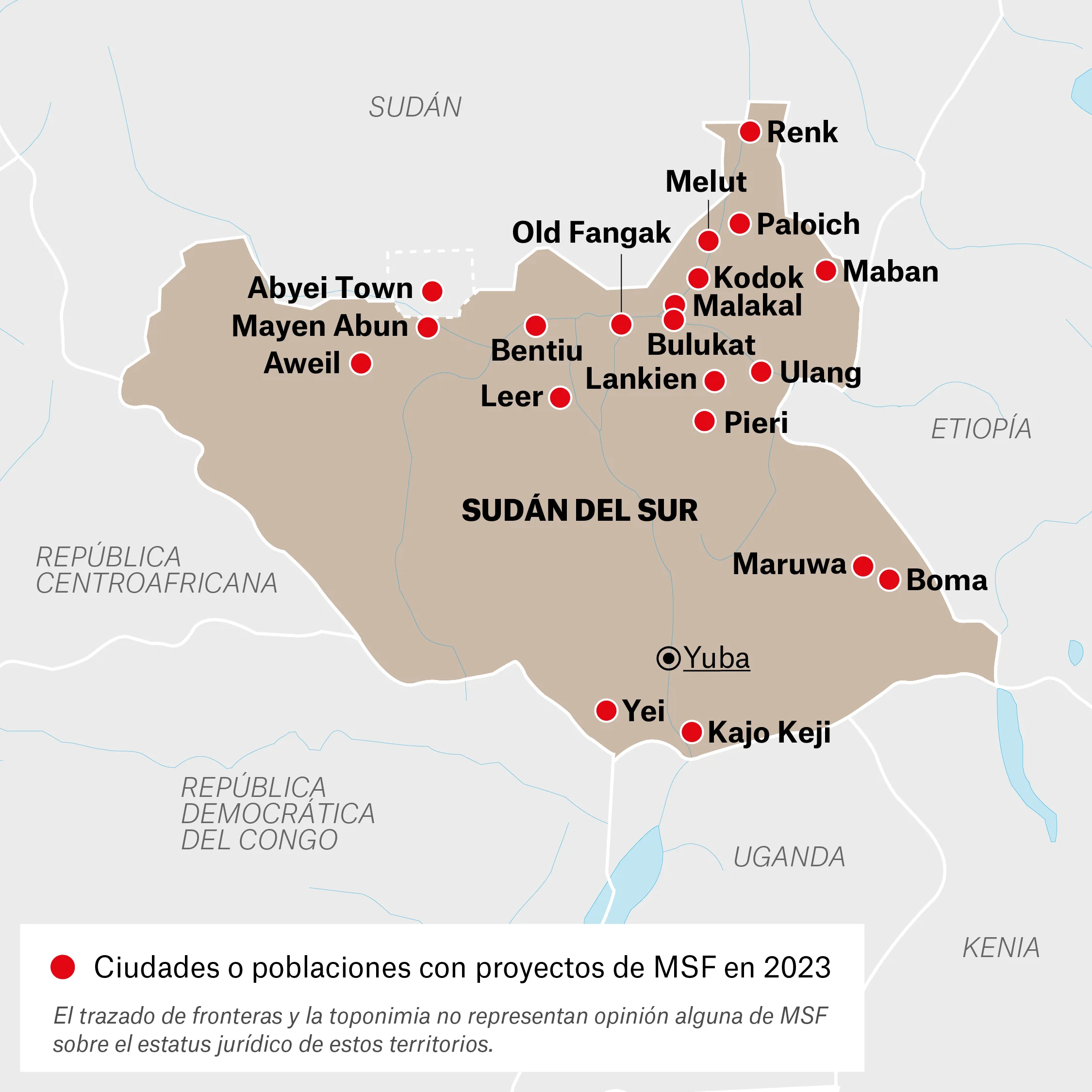 Mapa de actividades de MSF en Sudán del Sur.