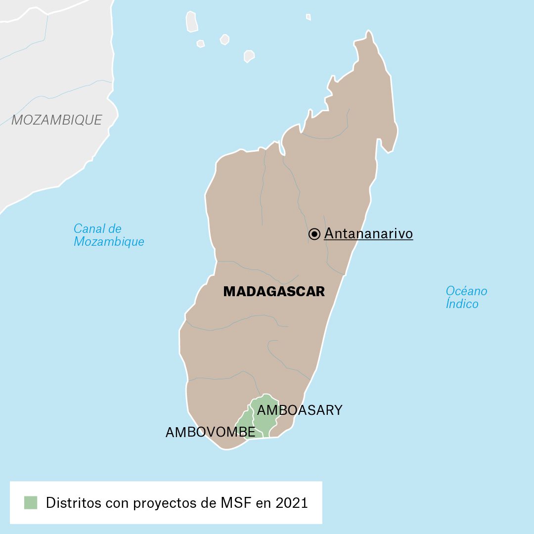 Mapa de actividades de Médicos Sin Fronteras en Madagascar durante 2021