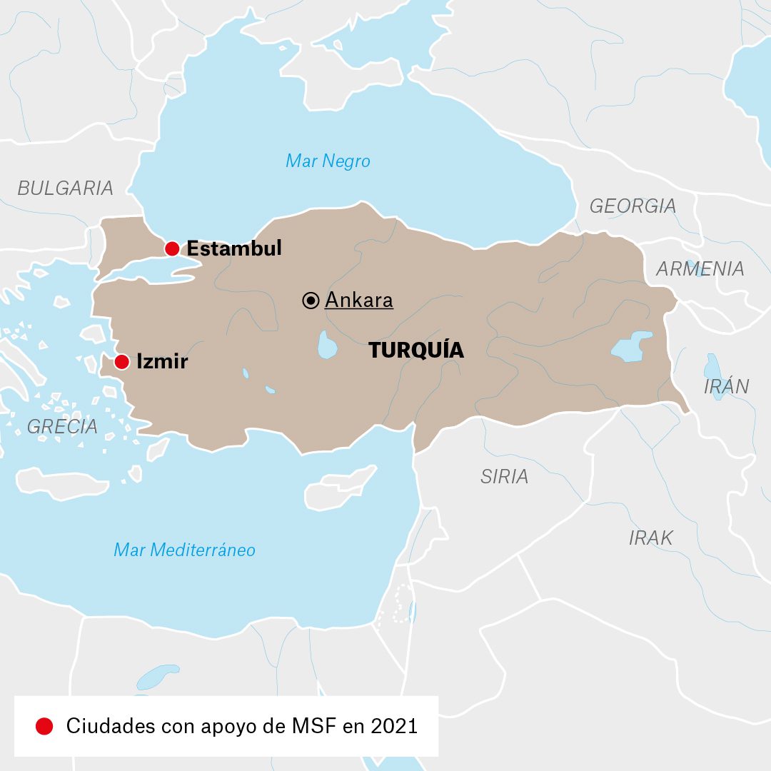 Mapa de actividades de Médicos Sin Fronteras en Turquía durante 2021