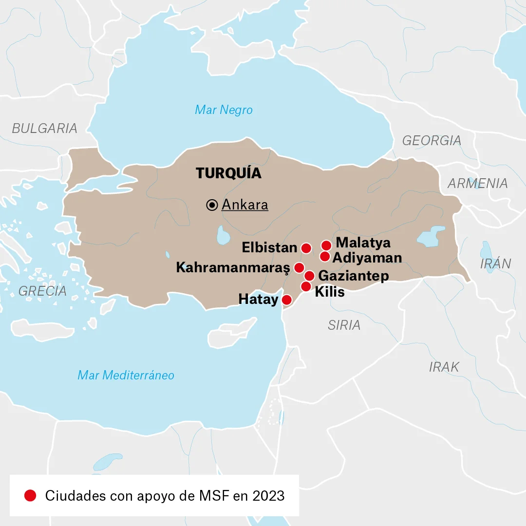 Mapa de lugares donde Médicos Sin Fronteras (MSF) trabaja en Turquía 