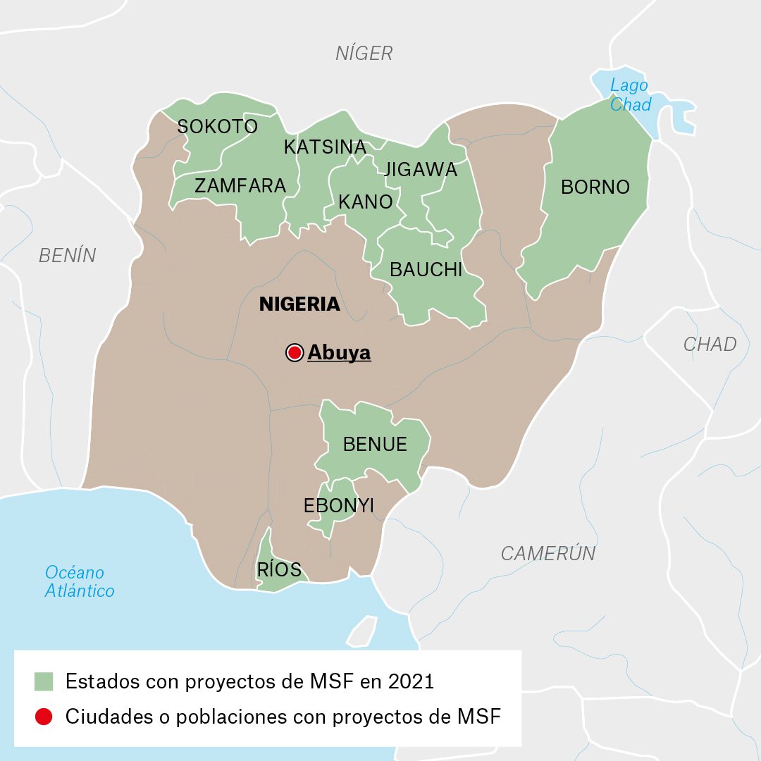 Mapa de actividades de Médicos Sin Fronteras en Nigeria durante 2021