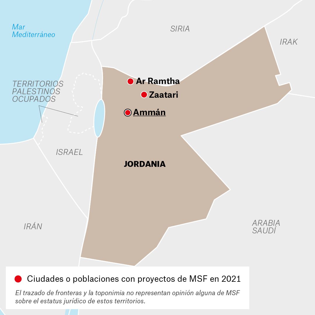 Mapa de actividades de Médicos Sin Fronteras en Jordania durante 2021