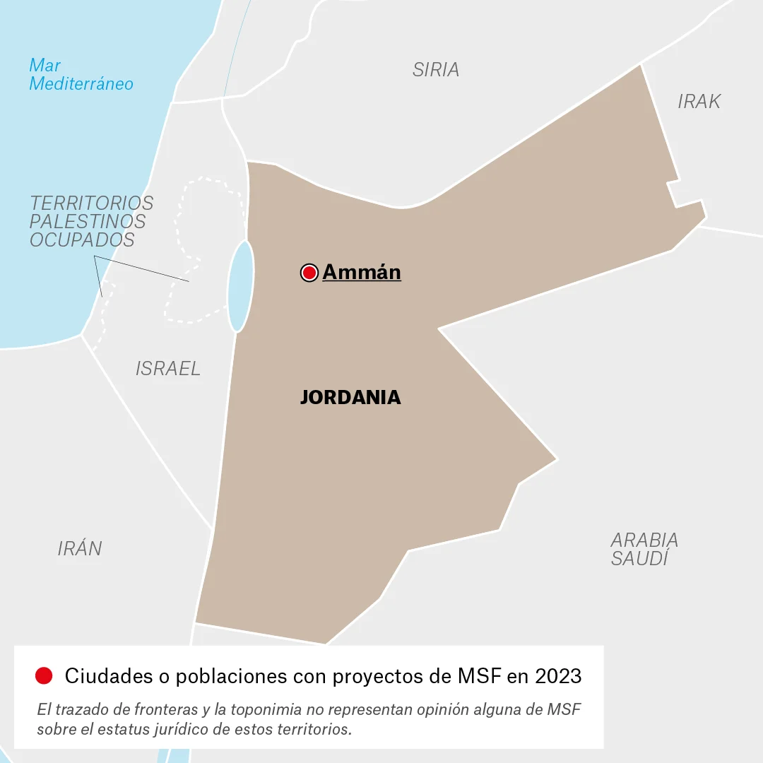 Mapa de lugares donde Médicos Sin Fronteras (MSF) trabaja en Jordania. 