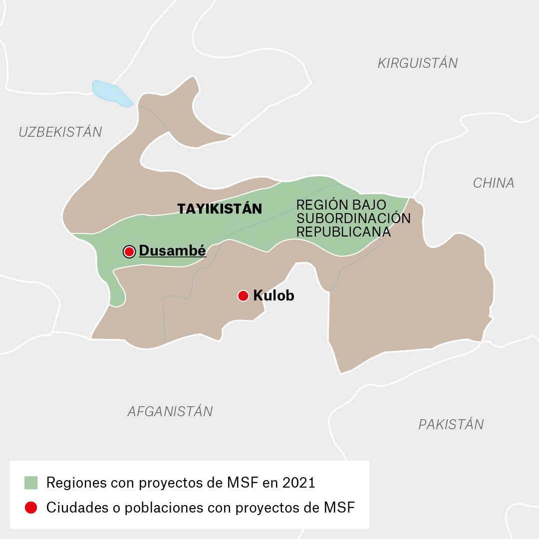 Mapa de actividades de Médicos Sin Fronteras en Tajikistán durante 2021