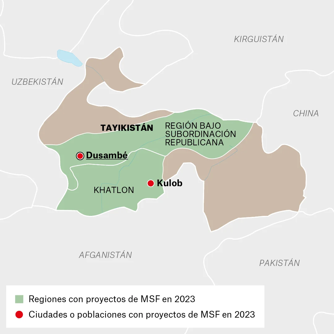 Mapa de lugares donde Médicos Sin Fronteras (MSF) trabaja en Tayikistán 