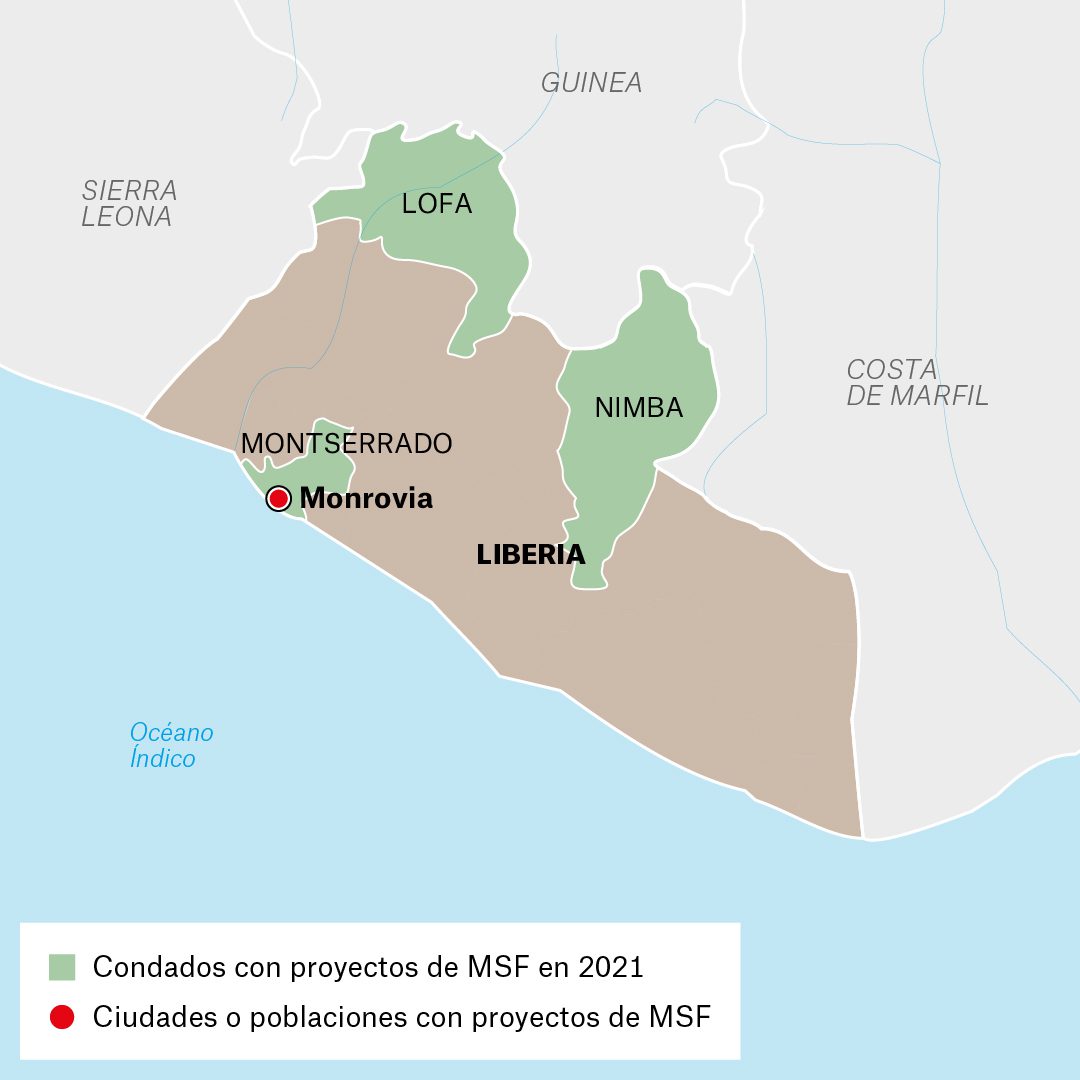 Mapa de actividades de Médicos Sin Fronteras en Liberia durante 2021