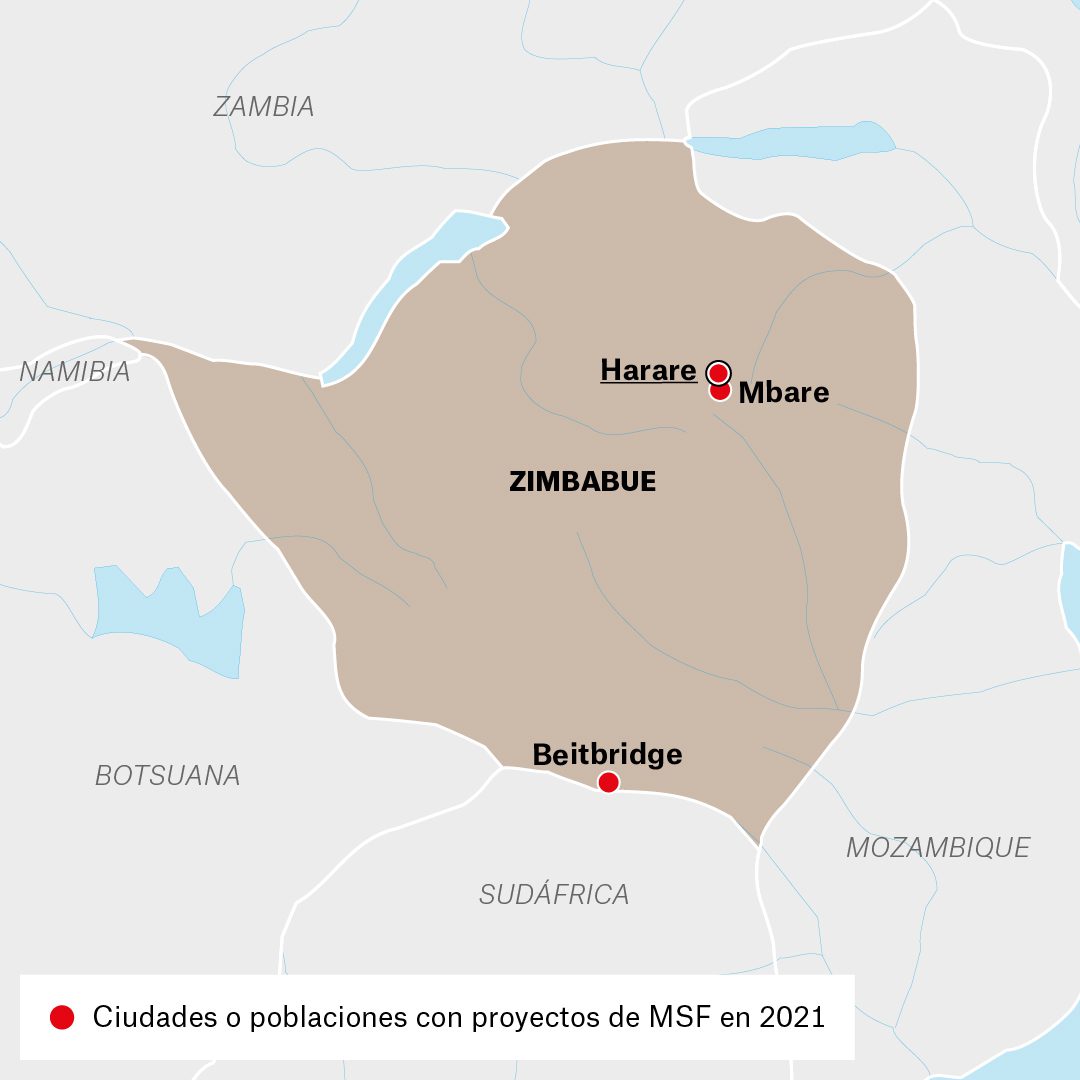 Mapa de actividades de Médicos Sin Fronteras en Zimbabue durante 2021