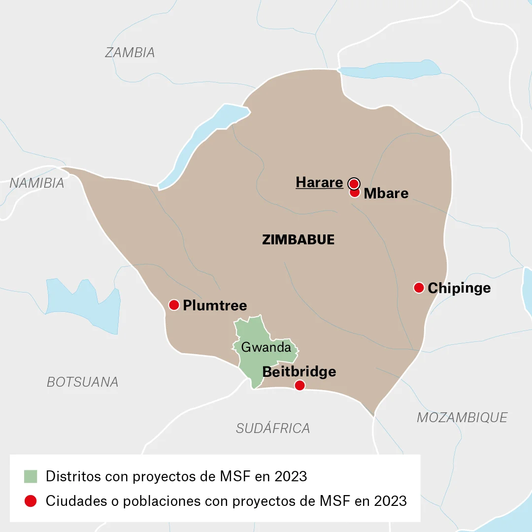 Mapa de actividades de MSF en Zimbabue