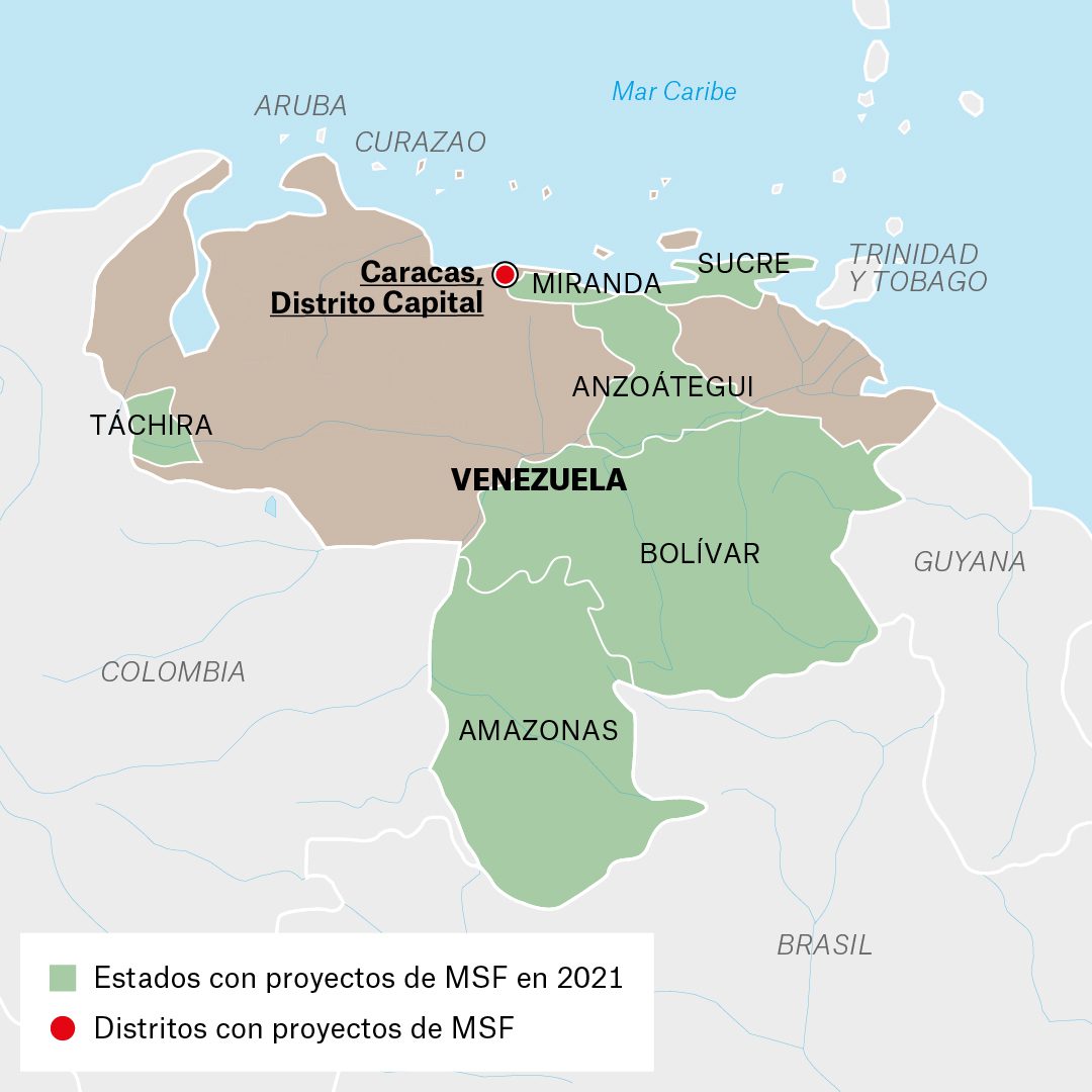 Mapa de actividades de Médicos Sin Fronteras en Venezuela durante 2021