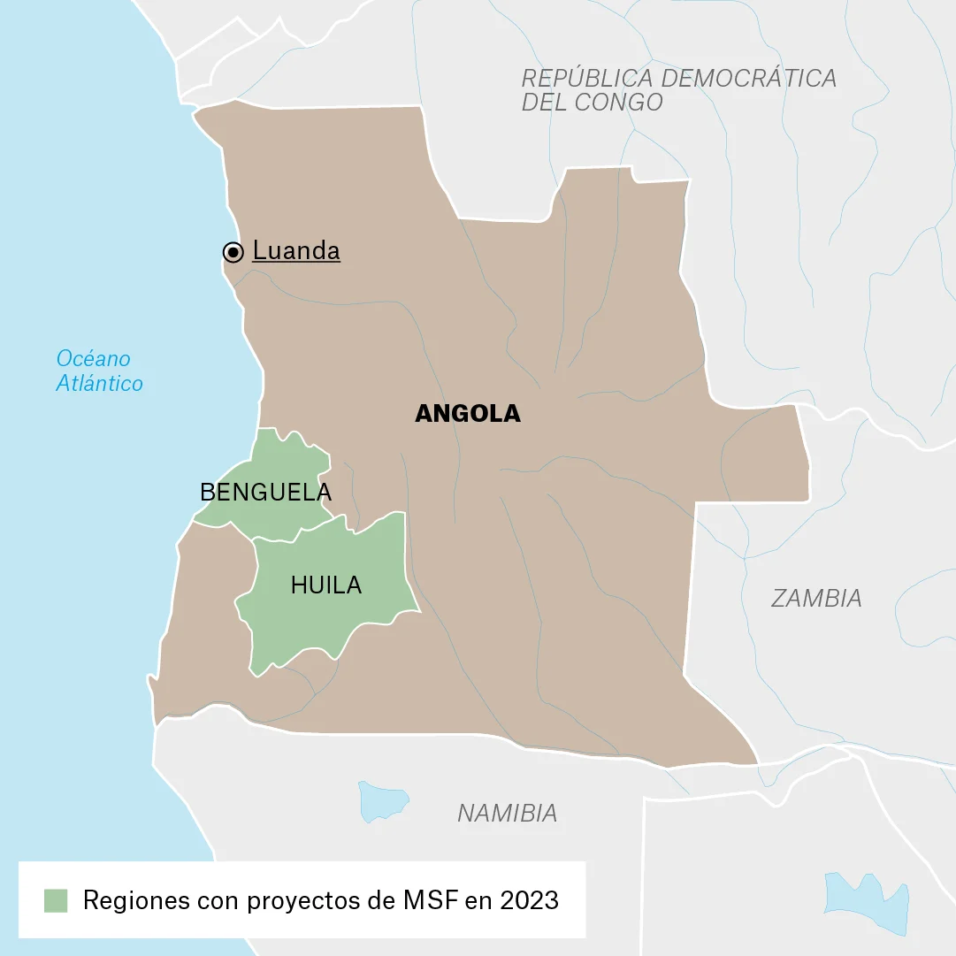 Mapa de actividades de MSF en Angola.