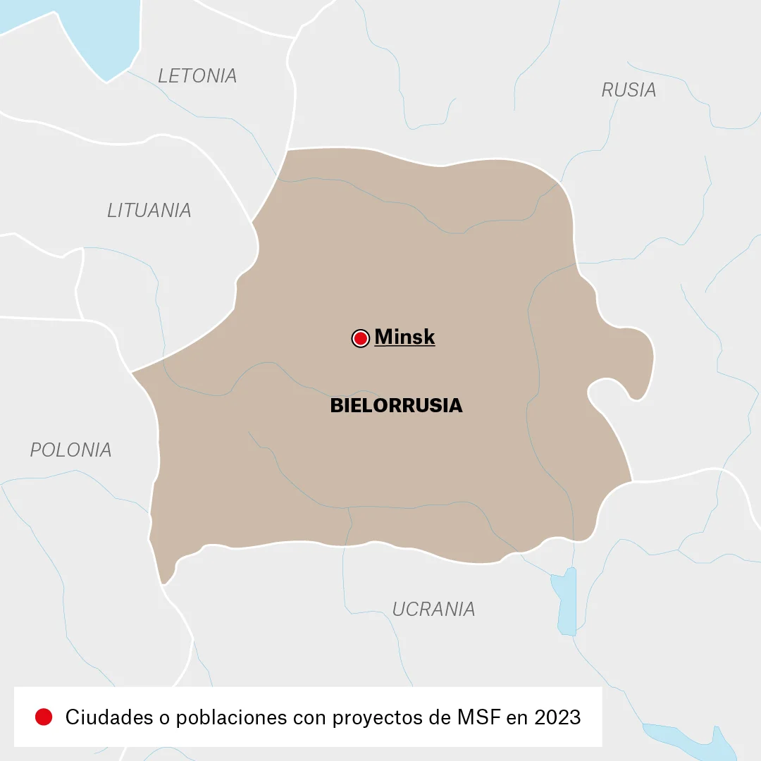 Mapa de lugares donde Médicos Sin Fronteras (MSF) trabaja en Bielorrusia 