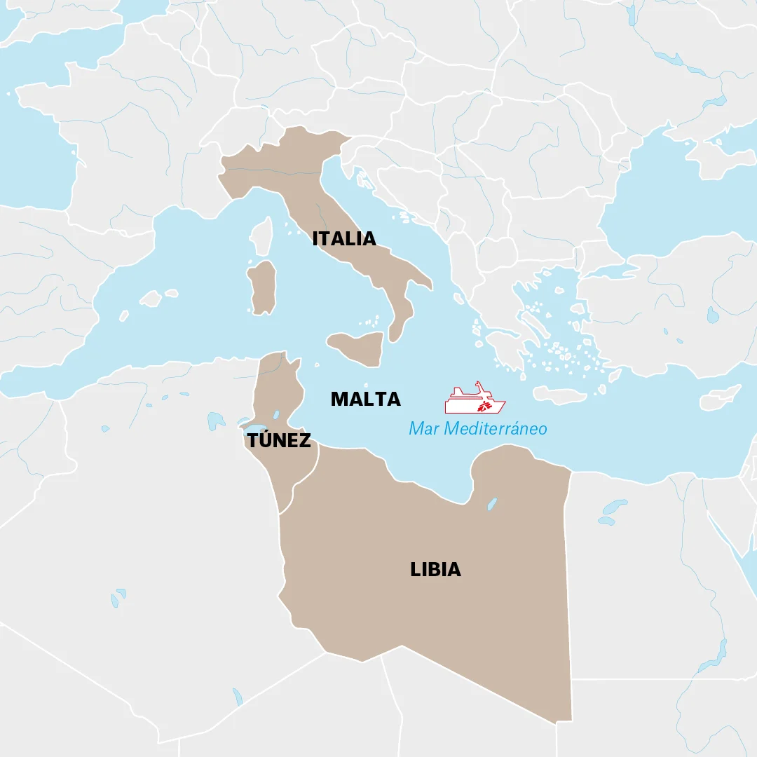 Mapa de lugares donde Médicos Sin Fronteras (MSF) trabaja en el Mediterráneo Central.