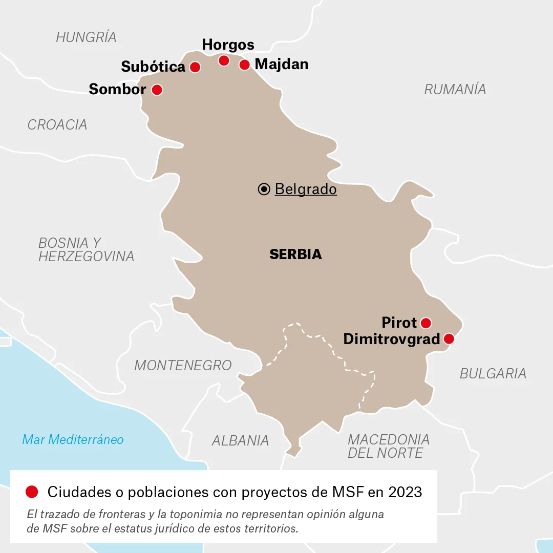 Mapa de lugares donde Médicos Sin Fronteras (MSF) trabaja en Serbia.