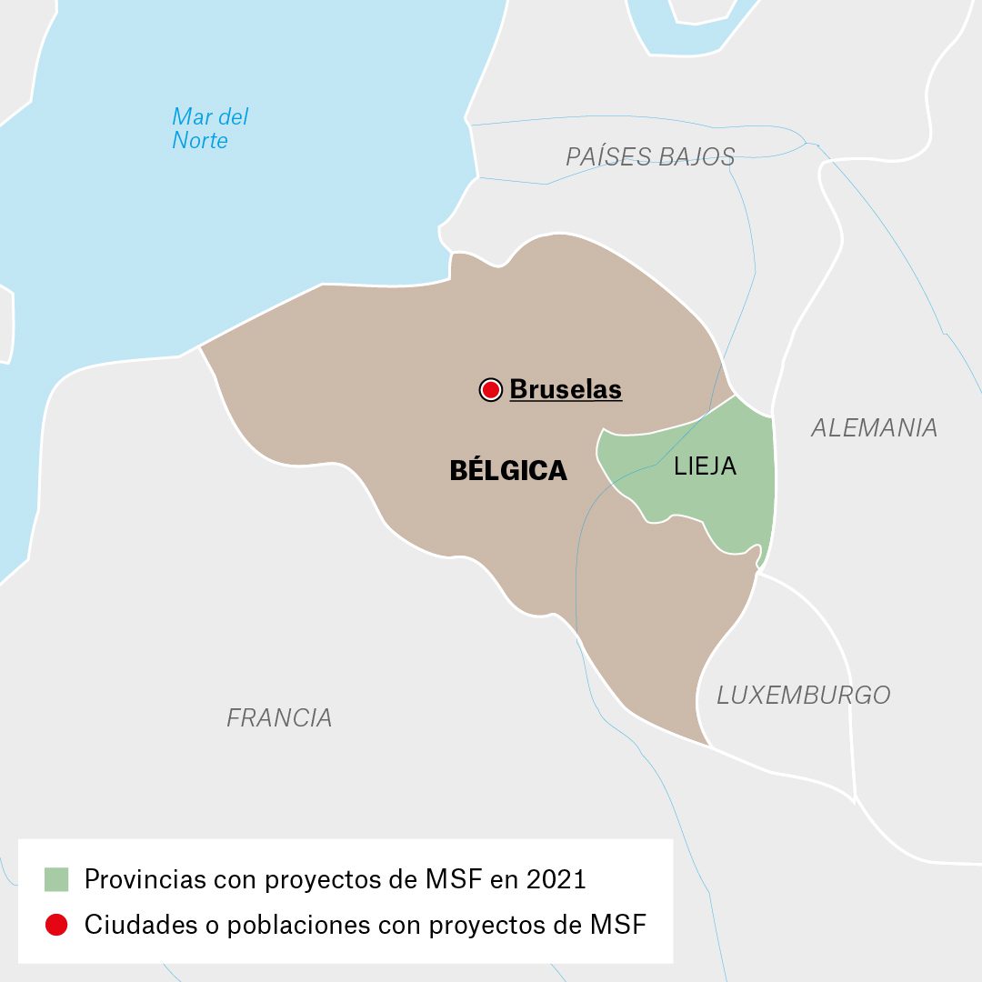 Mapa de actividades de MSF en Bélgica en 2021