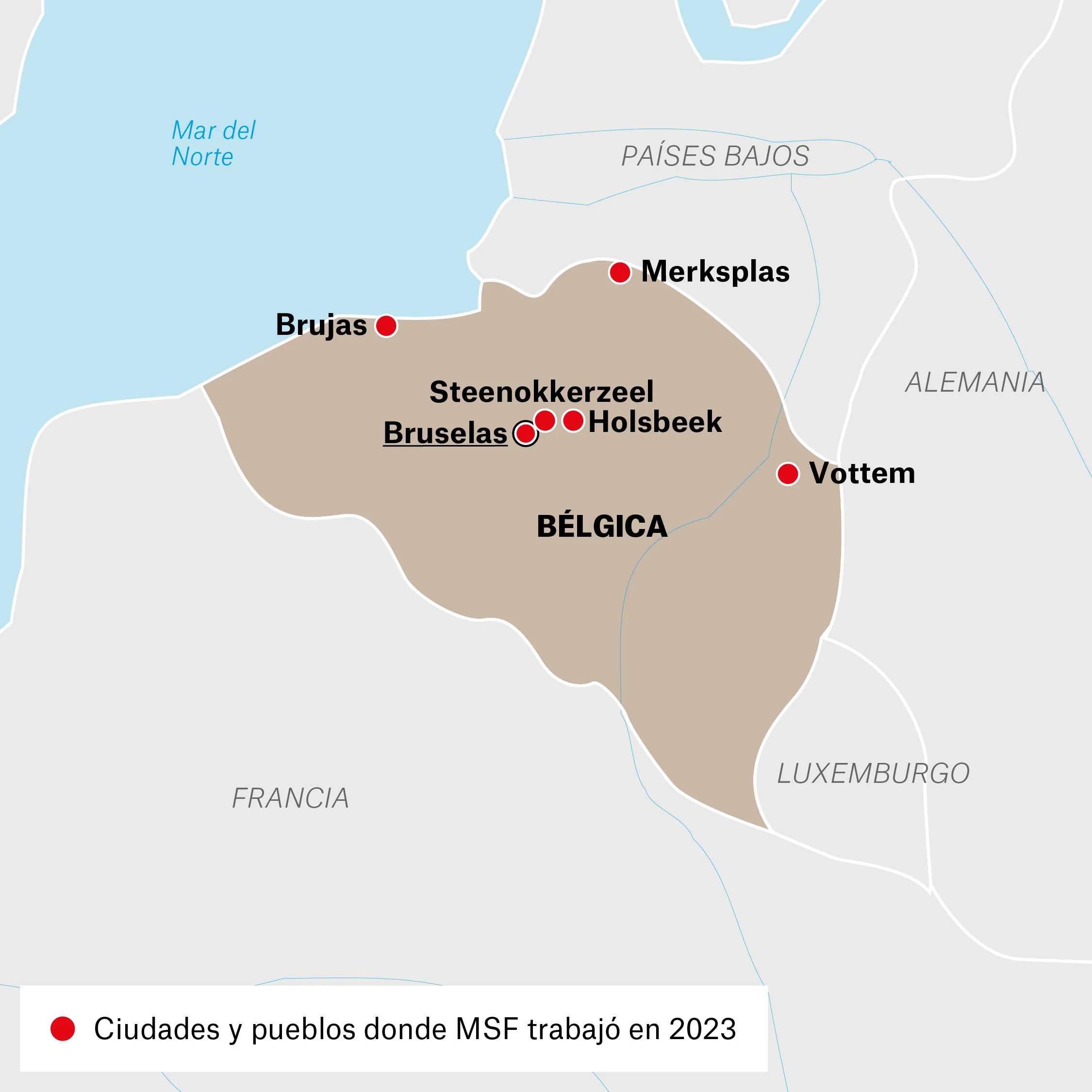 Mapa de lugares donde Médicos Sin Fronteras (MSF) trabaja en Bélgica.