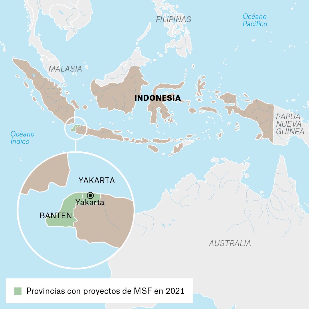 Mapa de actividades de Médicos Sin Fronteras en Indonesia durante 2021