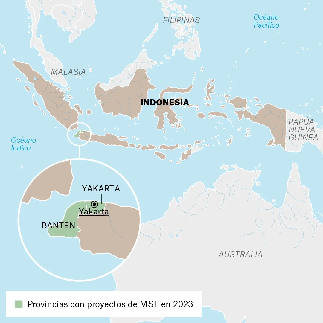 Mapa de lugares donde Médicos Sin Fronteras (MSF) trabaja en Indonesia. 