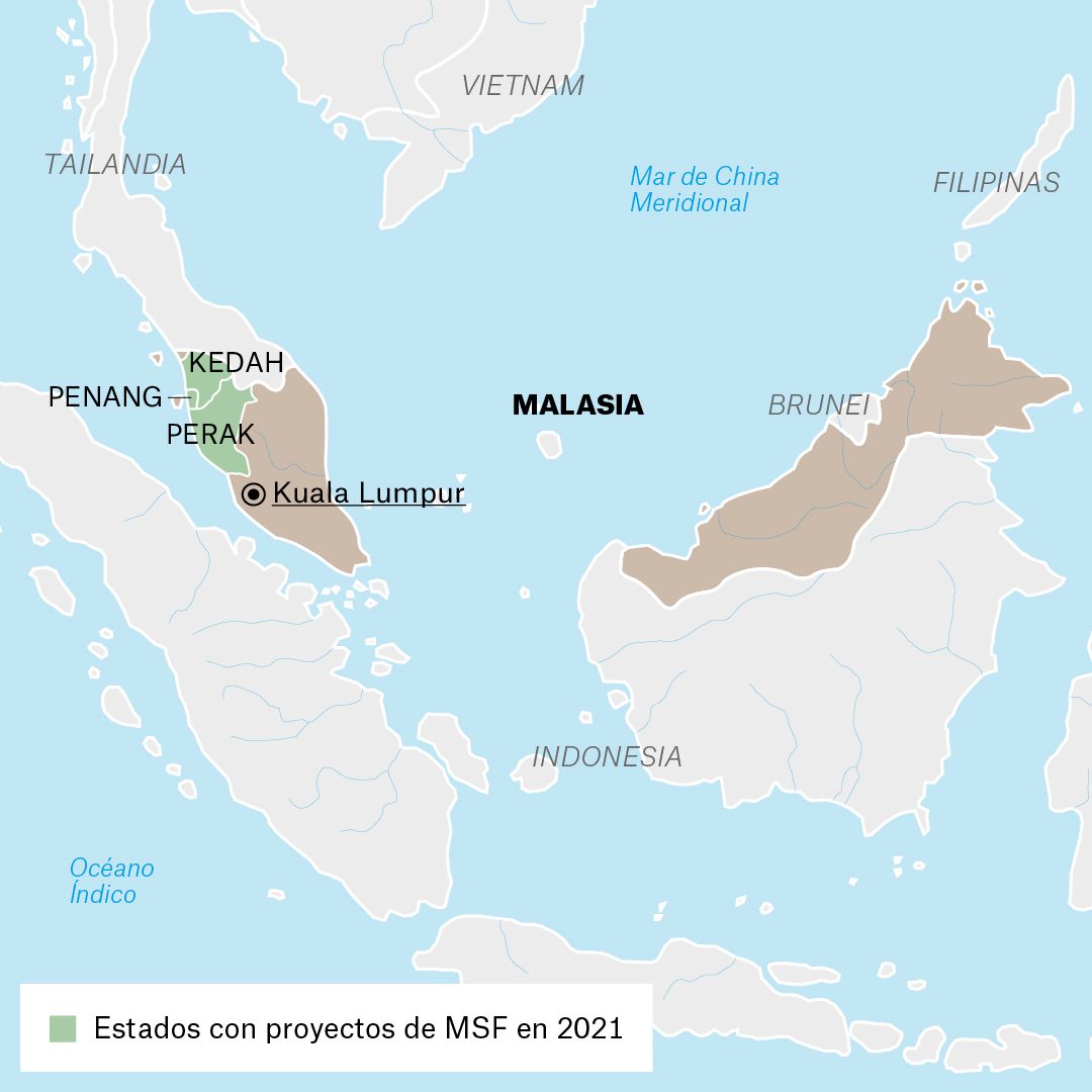 Mapa de actividades de Médicos Sin Fronteras en Malasia durante 2021