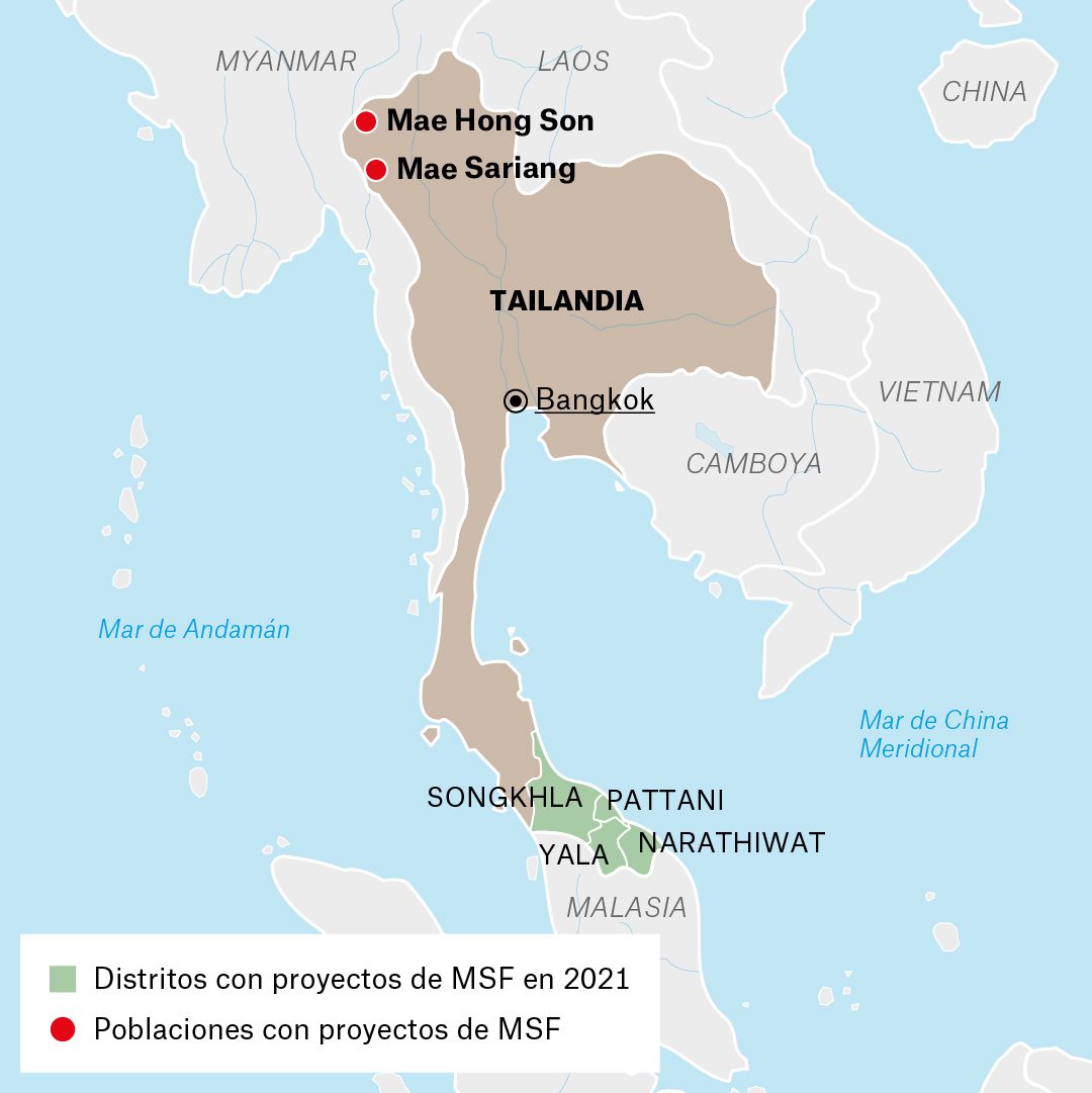 Mapa de actividades de Médicos Sin Fronteras en Tailandia durante 2021