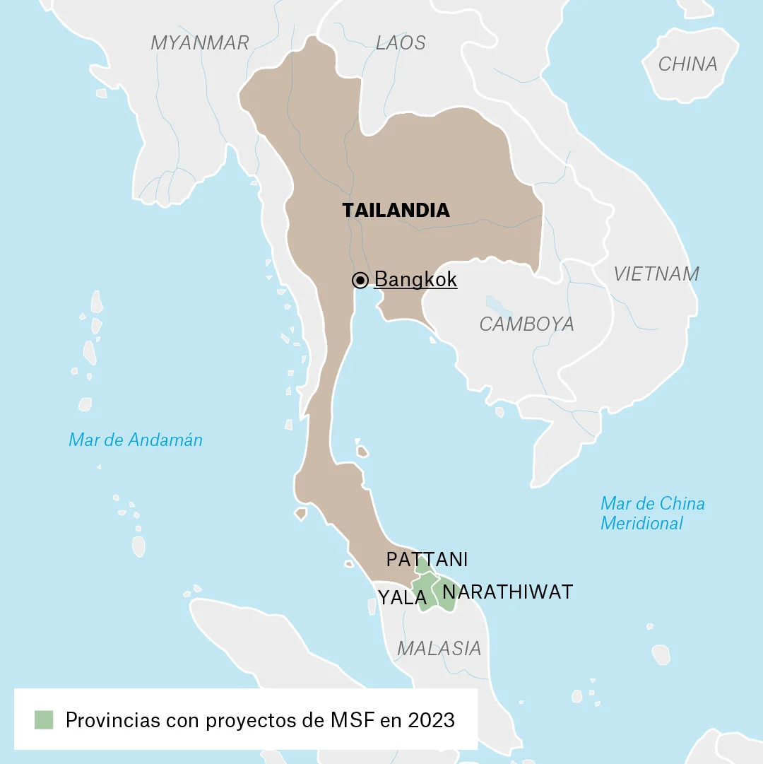 Mapa de lugares donde Médicos Sin Fronteras (MSF) trabaja en Tailandia. 