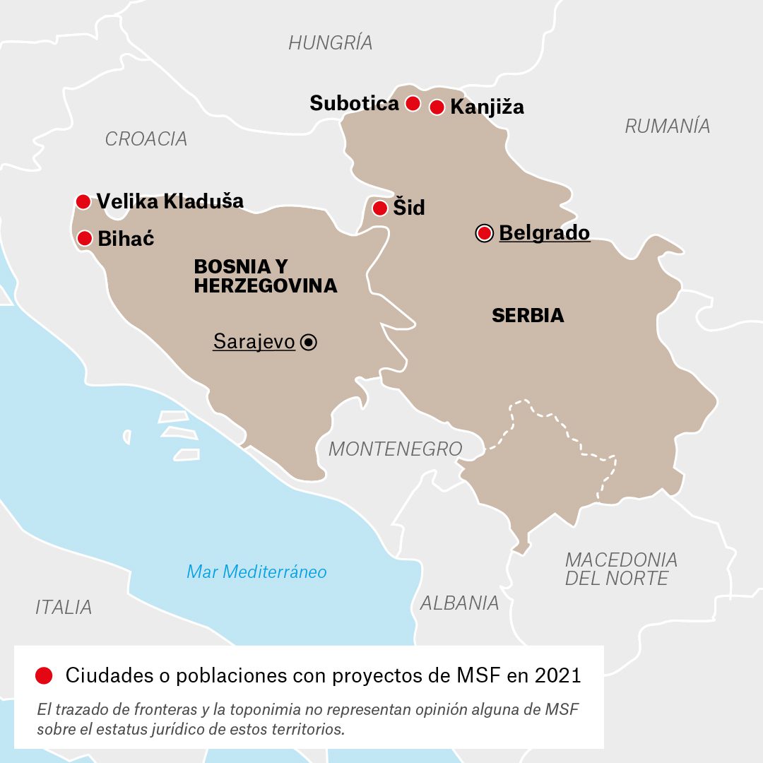 Mapa de actividades de MSF en Los Balcanes en 2021