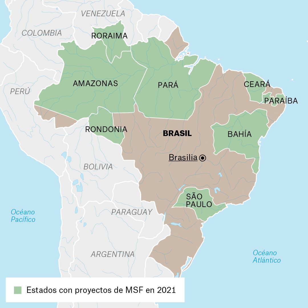 Mapa de actividades de MSF en Brasil en 2021