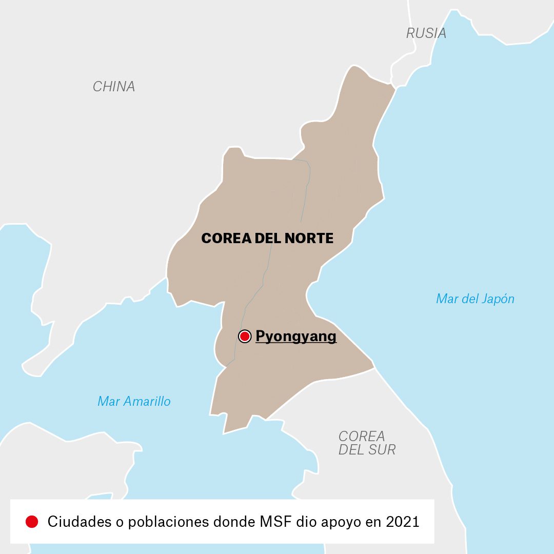 Mapa de actividades de Médicos Sin Fronteras en Corea del Norte durante 2021