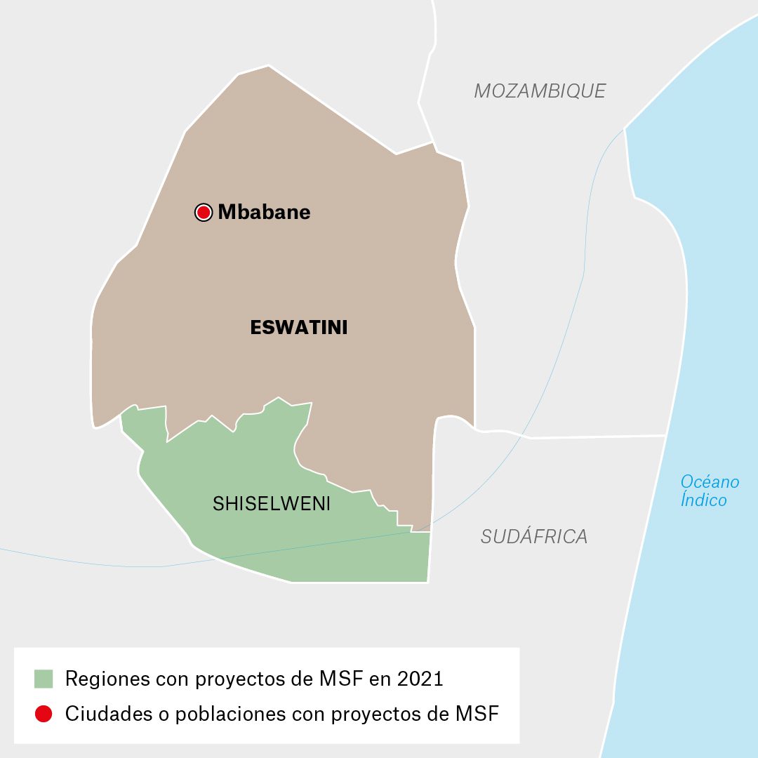 Mapa de actividades de Médicos Sin Fronteras en Eswatini durante 2021
