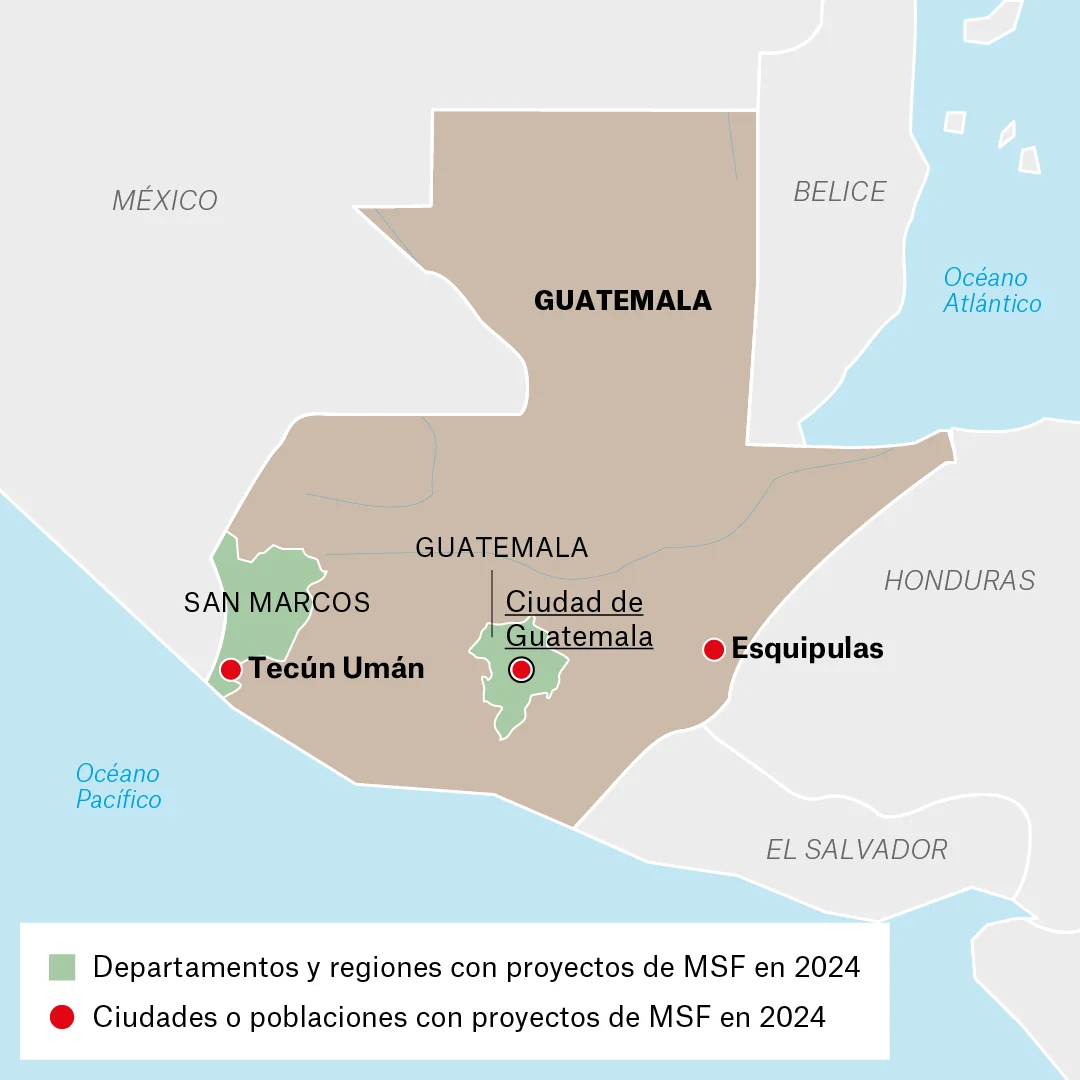 Mapa de actividades de MSF en Guatemala, 2024.