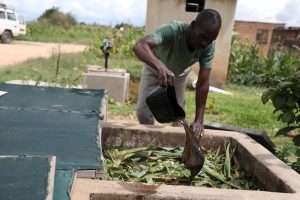 Un hombre cuidando el compostador en Zimbabue