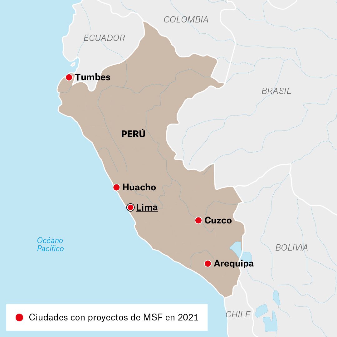 Mapa de actividades de Médicos Sin Fronteras en Perú durante 2021