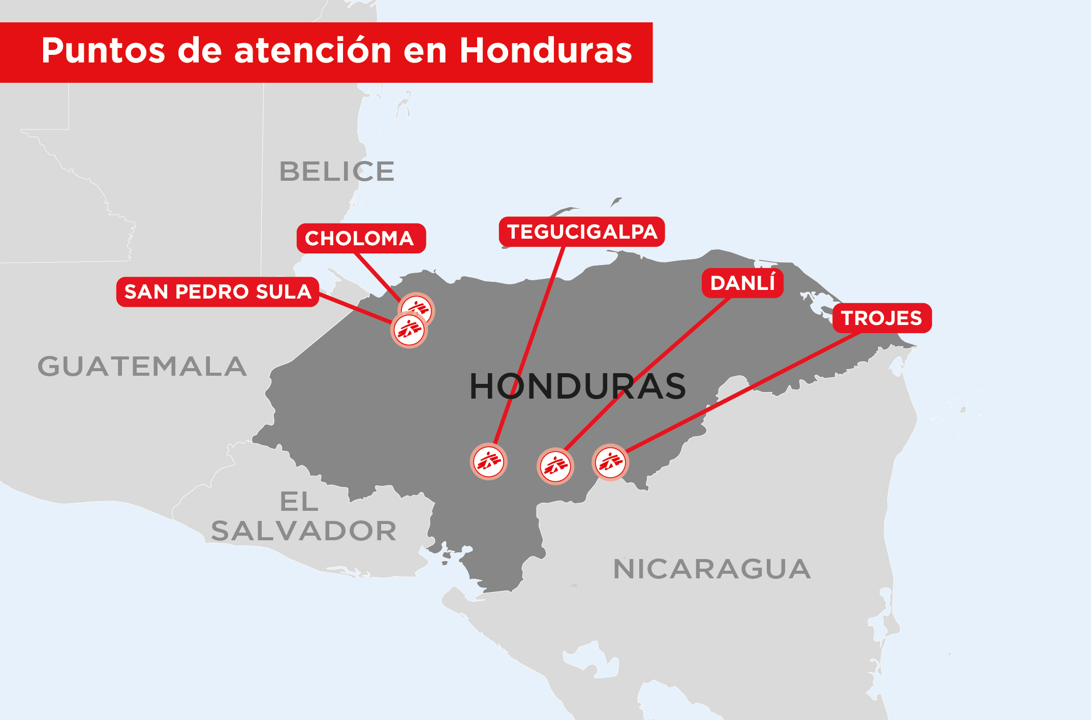 Mapa de puntos de atención de Médicos Sin Fronteras en Honduras