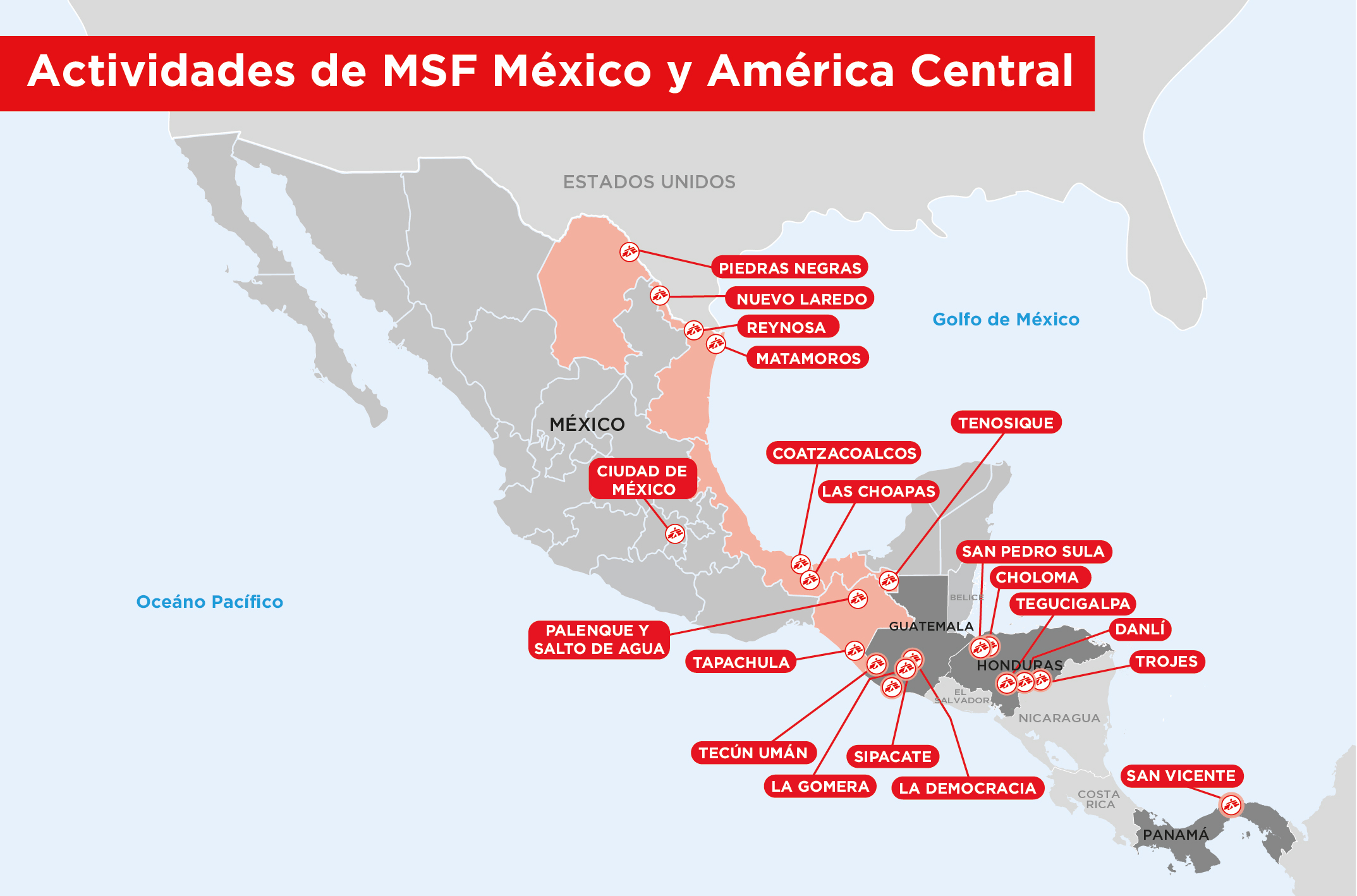 Mapa con puntos de atención de Médicos Sin Fronteras en México y Centroamérica - Personas Migrantes
