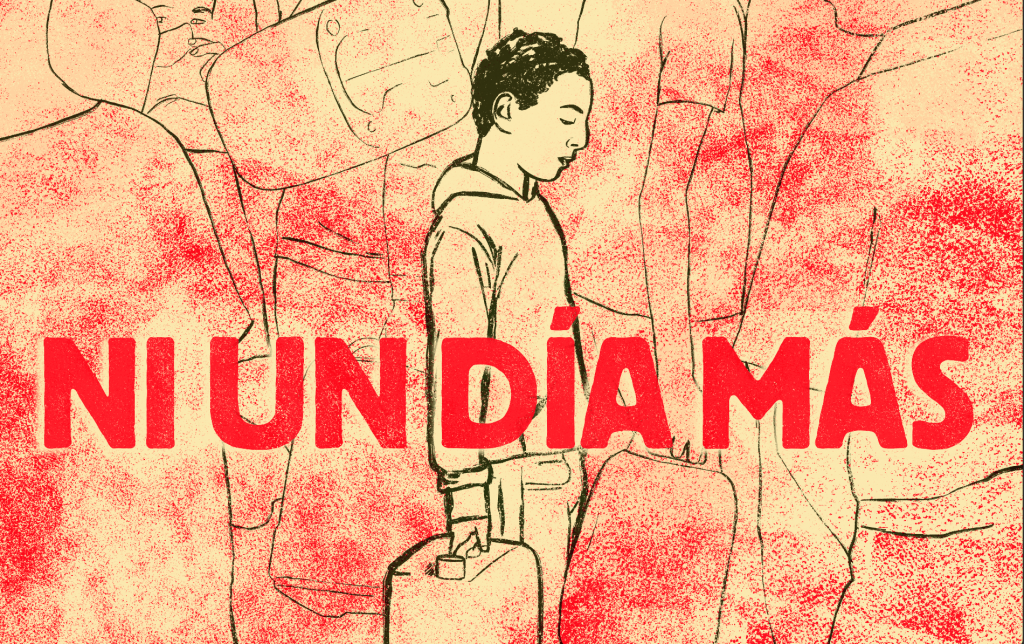 Una ilustración que muestra a un niño con una maleta y la frase 'ni un día más'