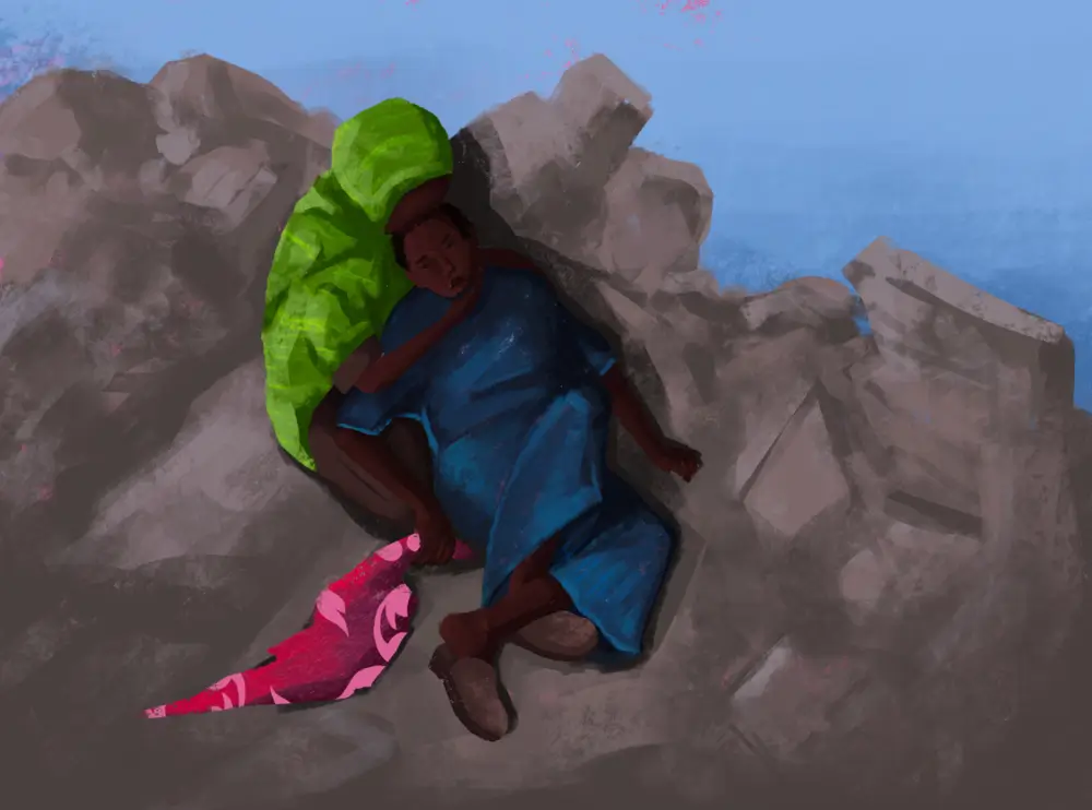Ilustraciones de testimonios sobre la violencia sexual que sufrieron pacientes de MSF durante su largo viaje desde El Fasher, Sudán, hasta Tiné Chad, y viceversa.