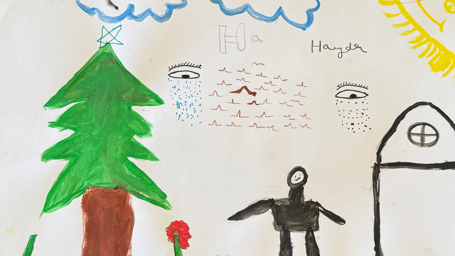 Haidar, 15 añosDibujé a un niño junto a su casa jugando con una pelota. Su casa estaba en Siria, y allí era feliz. Pero también dibujé ojos tristes, porque desconocidos entraban en su casa.