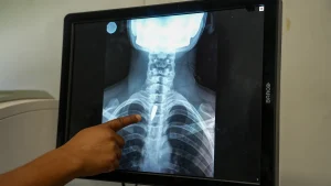 Una radiografía muestra una bala alojada en el pecho de Linda. Los cirujanos determinaron que era demasiado arriesgado extraerla, por lo que tendrá que seguir viviendo con ella. Linda fue alcanzada mientras estaba en la iglesia, cuando un grupo armado abrió fuego contra un helicóptero que se cree está vinculado a la policía. Puerto Príncipe, Haití, enero de 2026.