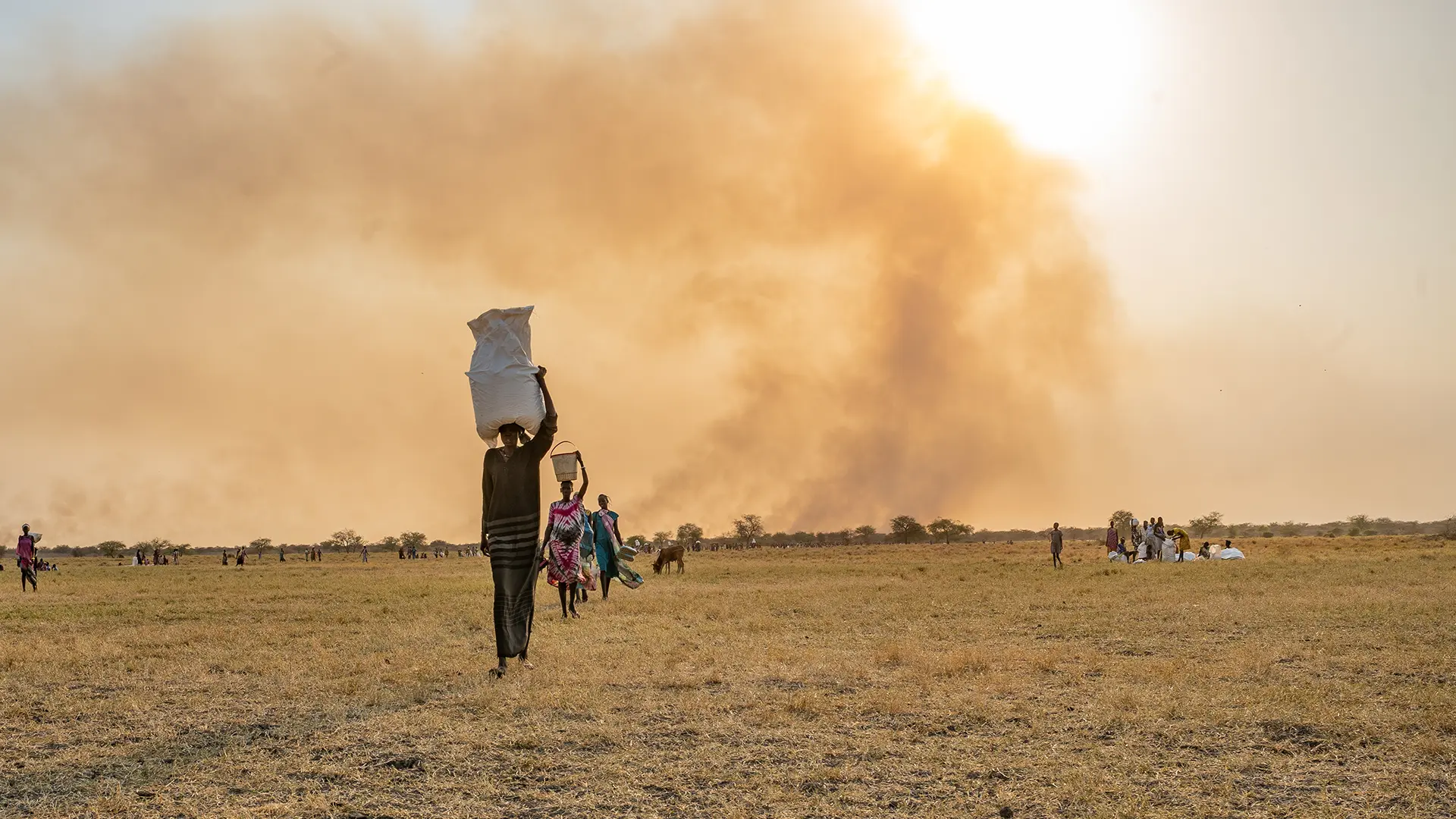 Una mujer lleva bolsas de comida en la cabeza tras un lanzamiento aéreo del PMA cerca de Chuil, estado de Jonglei, Sudán del Sur.