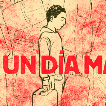 Una ilustración que muestra a un niño con una maleta y la frase 'ni un día más'