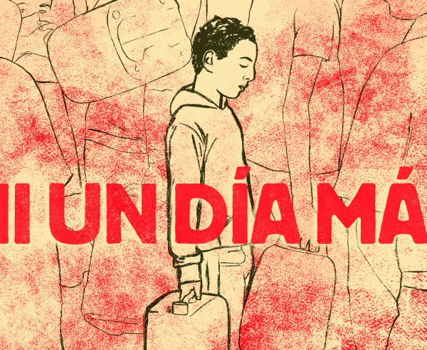 Una ilustración que muestra a un niño con una maleta y la frase 'ni un día más'