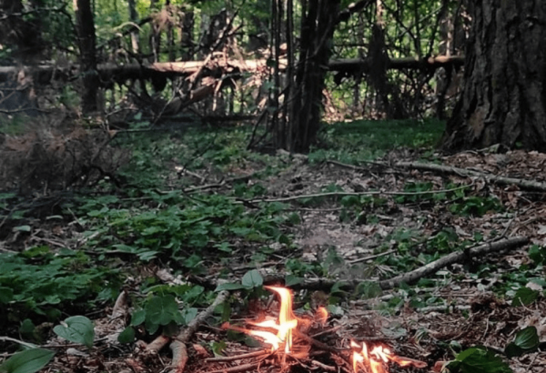 Una fogata encendida por las personas desplazadas en las zonas fronterizas boscosas de Lituania y Bielorrusia para mantenerse calientes.