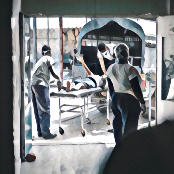 Un paciente llegando al Hospital de MSF en Tabarre, Puerto Príncipe, Haití. Ilustración realizada a partir de una fotografía tomada por Pierre Fromentin.