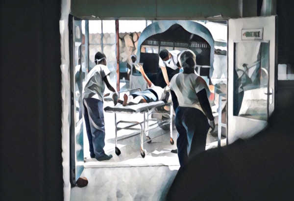 Un paciente llegando al Hospital de MSF en Tabarre, Puerto Príncipe, Haití. Ilustración realizada a partir de una fotografía tomada por Pierre Fromentin.