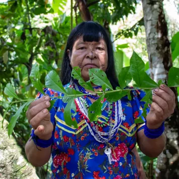 Rogelina Arce, sanó simbólicamente con hierbas la fotografía de la calle principal de la comunidad, marcada por una incursión armada reciente. Taller de fotografía en Puesto Indio, Alto Baudó, Chocó.
