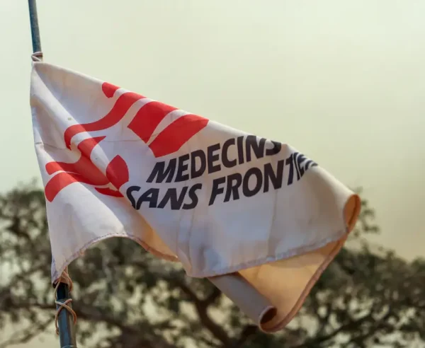 MSF flag blowing in the wind at Aweil project base.