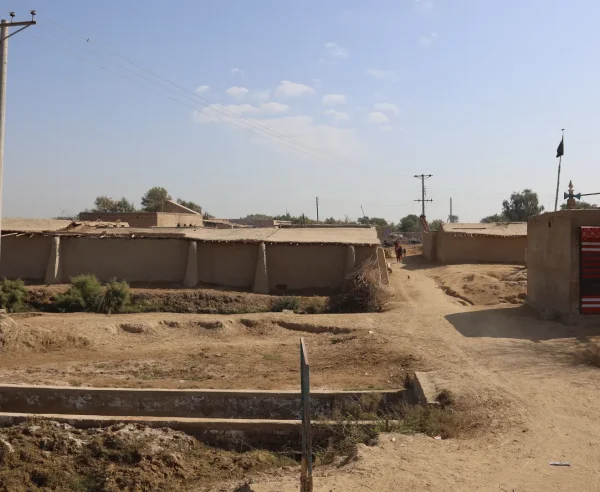 Vista de casas de barro en Raees Golam Mustafa Golla, en Dera Murad Jamali. Estas viviendas suelen sufrir daños cuando las lluvias ponen en peligro la vida de los residentes durante la temporada de monzones, que suele durar de julio a septiembre. Pakistán, febrero de 2025.