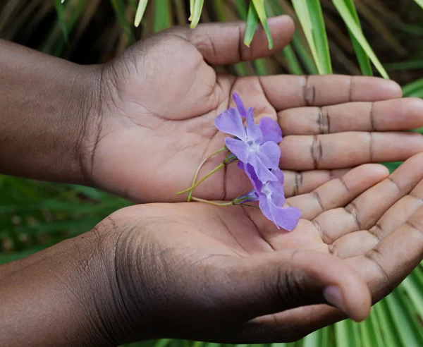 "La flor más grande es para mi hija Edvige: me gustaría volver a verla". Veronique lleva un pañuelo blanco en la cabeza con bordados dorados, se ve elegante.