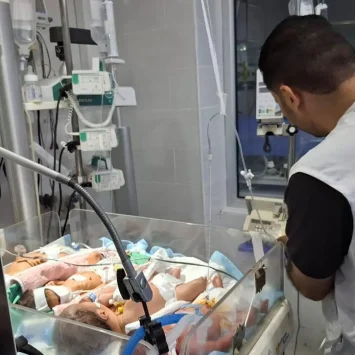 Varios bebés comparten una incubadora en la unidad de cuidados intensivos neonatales del hospital Al-Helou, al norte de Gaza, Palestina, julio de 2025.